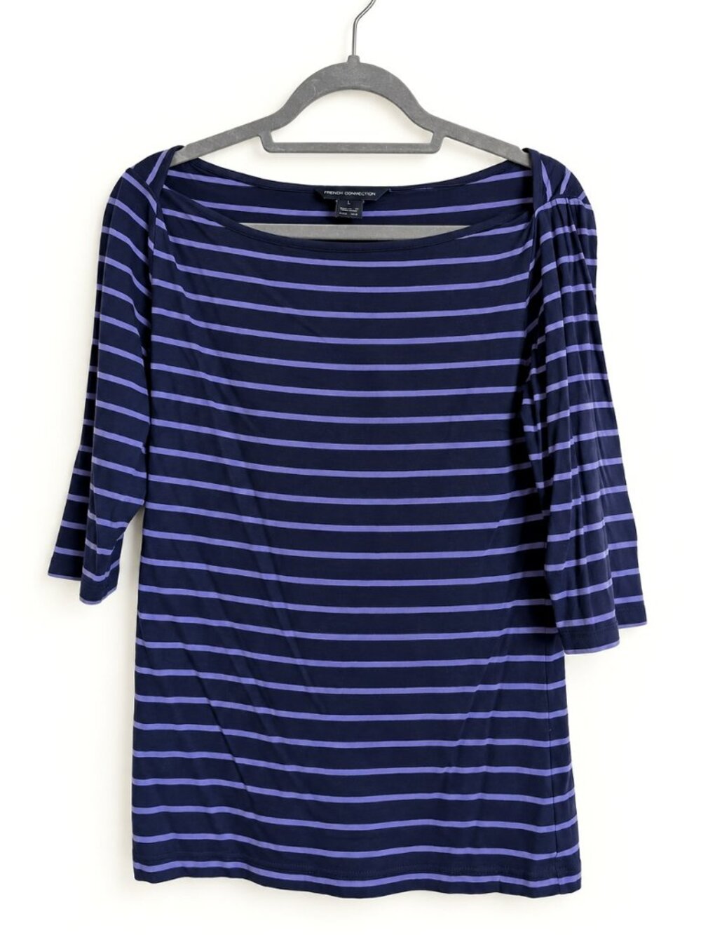 French Connection L Navy Lavender Striped Boat Neck Top